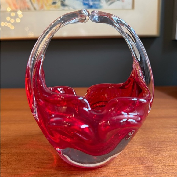 Murano Art Glass Hand Blown Sommerso Basket Joined Handles Submerged Ruby Red - Picture 2 of 7